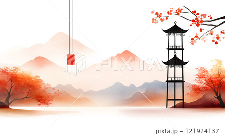 Elegant watercolor banner with Chinese brush stroke calligraphy and papercut floral designs Elegant watercolor banner with Chinese brush stroke calligraphy and papercut floral designs 121924137