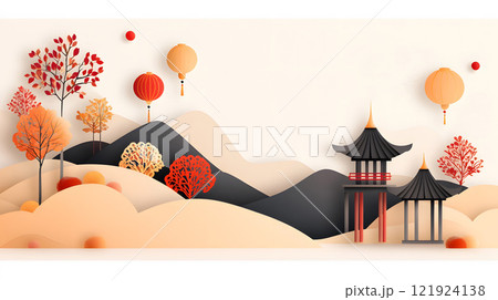 Lunar new year temple with watercolor brush strokes and intricate papercut patterns on lanterns 121924138