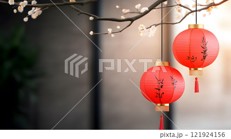 Decorative red and gold fan in watercolor with papercut patterns and brush stroke highlights Decorative red and gold fan in watercolor with papercut patterns and brush stroke highlights 121924156