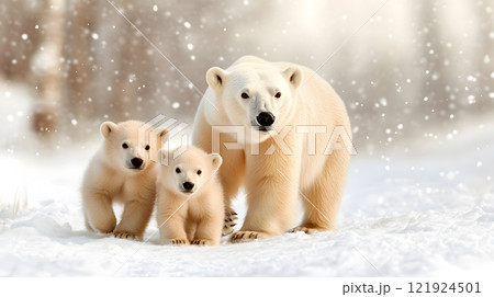 Polar bear with two cubs walking across snowy terrain, gentle bond in cold wilderness, 3D rendering 121924501