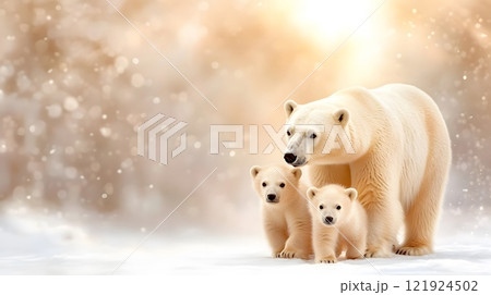Polar bear with two cubs walking across snowy terrain, gentle bond in cold wilderness, 3D rendering 121924502