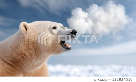 Polar bear roaring on a melting glacier, symbolizing climate change awareness, 3D rendering 121924516