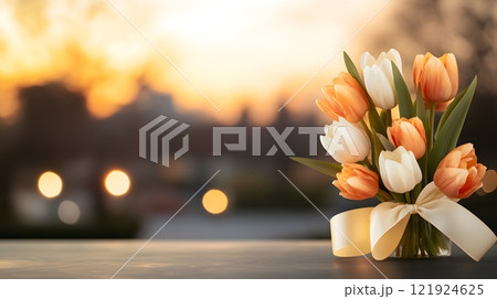 Ribbon of hope in 3D gently resting on a bed of glowing flowers symbolizing renewal and strength 121924625
