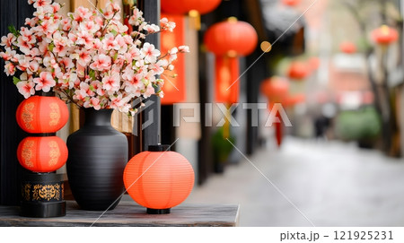 Vibrant entryway decor featuring Chinese knots, red lanterns, and welcoming banners for New Year 121925231