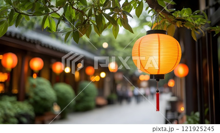 Festive balcony setup for Chinese New Year with lanterns, plants, and traditional decorations Festive balcony setup for Chinese New Year with lanterns, plants, and traditional decorations 121925245