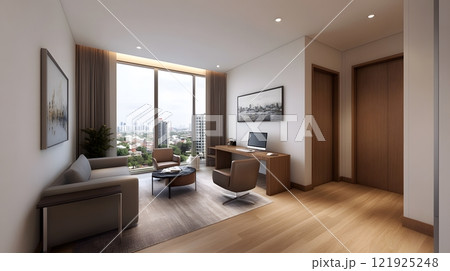 Modern Chinese New Year home office decor with red accents and minimalist festive touches 121925248