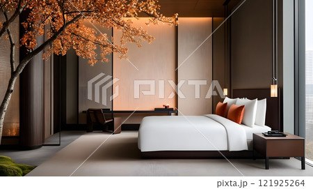 Traditional Chinese New Year bedroom decor with red bedding, cushions, and hanging tassels 121925264