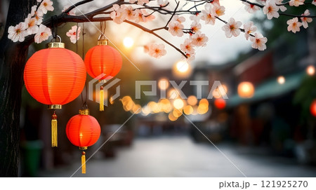 Festive stairway decorated with red lanterns, garlands, and gold accents for Chinese New Year 121925270