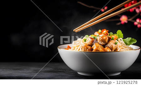 Luxurious Chinese New Year dining setup with gold-rimmed plates, red table runners, and floral accents 121925278