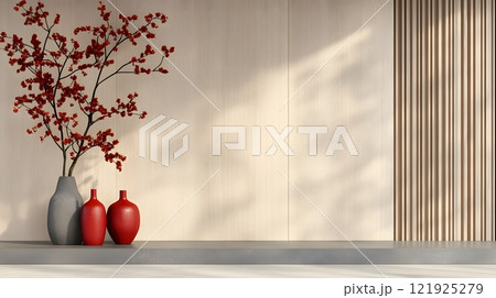 Modern minimal decor featuring subtle Chinese New Year elements like red vases and golden figurines 121925279