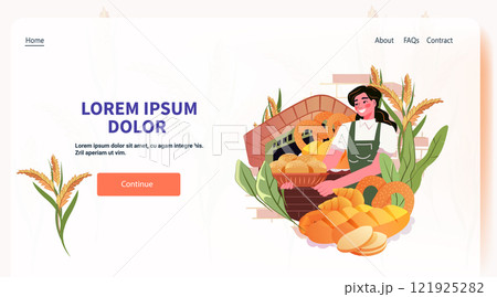 Bakery landing page design woman baker holding bread basket surrounded by wheat and baked goods warm colors website template 121925282