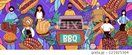 BBQ theme with grill food people colorful. Lively outdoor barbecue scene featuring diverse characters surrounded by grilled meats and vibrant foliage. Perfect for website design BBQ theme with grill food people colorful. Lively outdoor barbecue scene featuring diverse characters surrounded by grilled meats and vibrant foliage. Perfect for website design 121925304