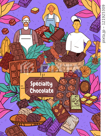 Specialty chocolate artisans crafting diverse treats colorful cocoa beans leaves chefs vibrant background dessert creation 121925309