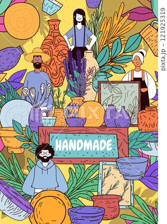 Handmade crafts market vibrant pottery plants people colorful decorative art poster background Handmade crafts market vibrant pottery plants people colorful decorative art poster background 121925319