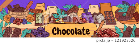 Chocolate variety display with bars truffles and cocoa beans on a wooden shelf surrounded by leaves and oranges colorful design dessert theme Chocolate variety display with bars truffles and cocoa beans on a wooden shelf surrounded by leaves and oranges colorful design dessert theme 121925326