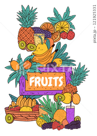 Fruit assortment colorful tropical fresh produce. Pineapples bananas oranges kiwis berries in vibrant arrangement with juice and leaves. Perfect for poster or banner Fruit assortment colorful tropical fresh produce. Pineapples bananas oranges kiwis berries in vibrant arrangement with juice and leaves. Perfect for poster or banner 121925331