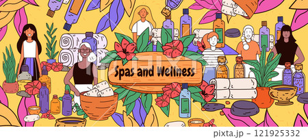 Spa and wellness theme with people plants bottles towels flowers vibrant colors decorative elements 121925332