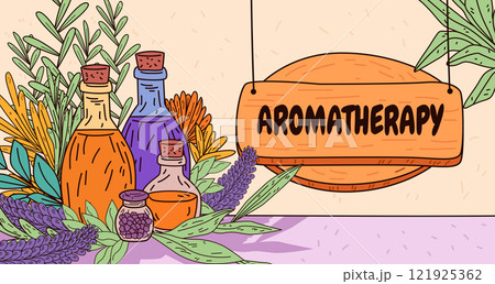 Aromatherapy essential oils bottles lavender leaves floral background wellness spa theme colorful design 121925362