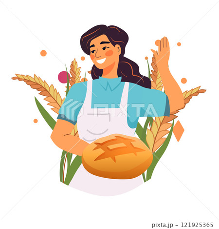 Smiling baker holding bread wheat background. Cheerful woman in apron with loaf surrounded by wheat stalks colorful elements. Perfect for food-themed designs 121925365
