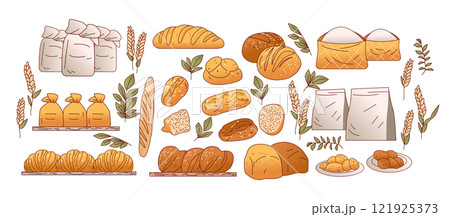 Bread and bakery products assortment with wheat leaves and flour bags. Various breads croissants buns and pastries in warm tones. Ideal for food-themed designs 121925373