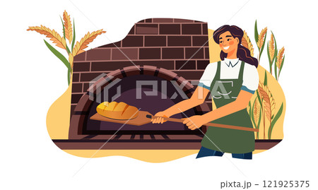 Baker woman holding bread by oven rustic baking scene wheat stalks smiling 121925375