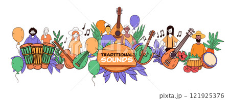 Traditional music festival celebration with diverse people playing instruments surrounded by balloons plants and flowers colorful and lively scene 121925376
