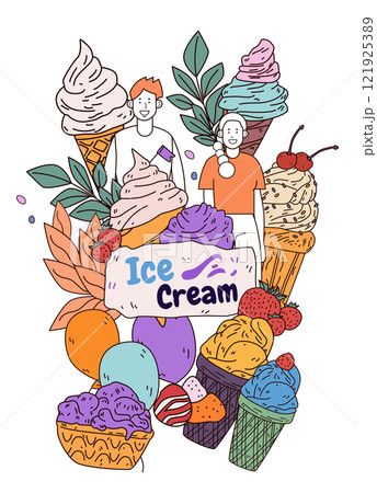Ice cream theme colorful cones and scoops with people leaves balloons and berries in a playful composition. Perfect for website design or banners 121925389