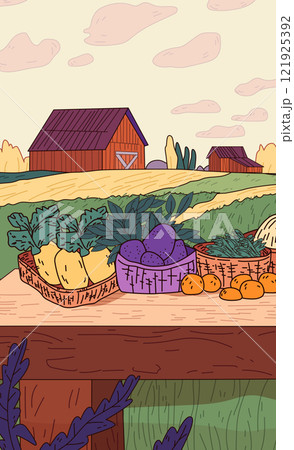 Farm produce baskets rural landscape autumn harvest. Vegetables and fruits on wooden table with barns fields and cloudy sky. Vibrant colors and rustic charm Farm produce baskets rural landscape autumn harvest. Vegetables and fruits on wooden table with barns fields and cloudy sky. Vibrant colors and rustic charm 121925392