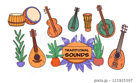 Traditional musical instruments and plants colorful hand-drawn guitars drums leaves decorative design elements white background 121925397