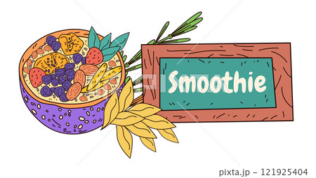 Smoothie bowl healthy fruits nuts leaves wooden sign colorful design Smoothie bowl healthy fruits nuts leaves wooden sign colorful design 121925404
