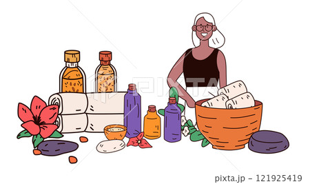 Spa scene with woman and products relaxation theme with oils towels flowers and stones colorful design elements for wellness and self-care 121925419