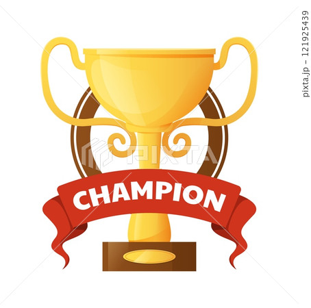 Champion goblet. Golden trophy with red ribbon and metal plate with copy space for name. Sport and business prize, first place award, tournament logo design. Vector cartoon flat illustration 121925439
