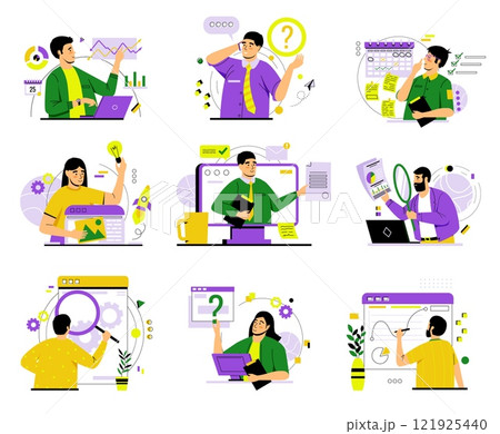 People signing contracts. Business project. Startup rocket. Office employee. Work brainstorm. Deal management. Document infographic. Deadline planning. Ask question. Vector concepts set 121925440