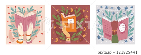 Book in hand. Woman read diary. School poetry or history lovers club. Student study page on library day. Fantasy novel. Arms holding open textbook. Flowers and leaves. Vector cards set 121925441