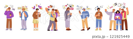 People with phone. Woman person call by smart, hold cell or watch selfie. Young man character using smartphone, talk and chat. Online shopping and music. Cartoon flat isolated vector set 121925449