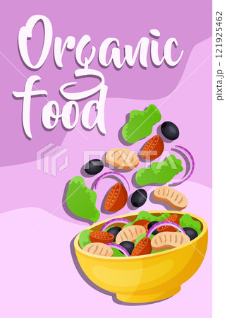 Healthy salad. Bowl with falling mixed cut vegetables and hand drawn text. Vertical banner or poster design. Menu cover. Organic food. Cooking ingredients. Kitchen print. Vector illustration Healthy salad. Bowl with falling mixed cut vegetables and hand drawn text. Vertical banner or poster design. Menu cover. Organic food. Cooking ingredients. Kitchen print. Vector illustration 121925462