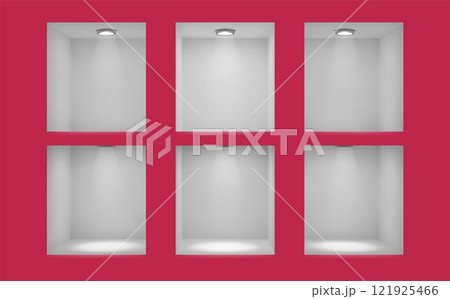 3d shelf. Empty space for exhibit. Store wall. White background inside bookshelf. Plastic blank shop interior. Cube shape stands. Shelving spotlight. Showcase niche frames vector set 3d shelf. Empty space for exhibit. Store wall. White background inside bookshelf. Plastic blank shop interior. Cube shape stands. Shelving spotlight. Showcase niche frames vector set 121925466