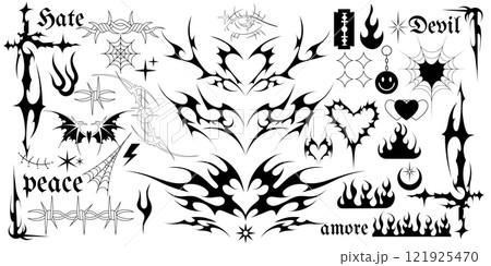 Y2k tattoo. Heart, fire flame and gothic rose, butterfly and wire flower stickers collection in 90s style. Angel abstract chain and spider, black goth vintage and modern art. Vector isolated set Y2k tattoo. Heart, fire flame and gothic rose, butterfly and wire flower stickers collection in 90s style. Angel abstract chain and spider, black goth vintage and modern art. Vector isolated set 121925470