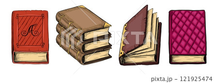 Retro book. Open, closed and stack of encyclopedia or dictionary, sketch style drawing, education element, vintage magazine. Wisdom and knowledge symbol. Vector library or bookstore set 121925474