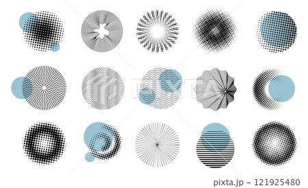 Dot pattern. Abstract logo design, line geometry shape or circular graphic elements. Round gradient texture. Halftone monochrome dotted geometric design. Logotype background vector icons set 121925480