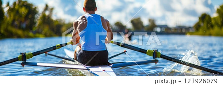 Strong rower with tense muscles competing in a thrilling rowing race - sport banner Strong rower with tense muscles competing in a thrilling rowing race - sport banner 121926079