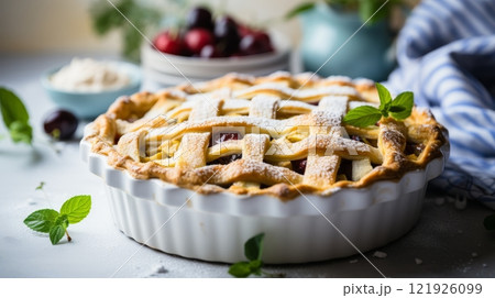 Fresh cherry pie on blurred kitchen background, sweet homemade pastry dessert with copy space 121926099