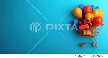 Colorful Balloons and Gifts in Shopping Cart on Blue Background 121926579