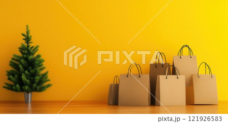 Shopping Bags and Christmas Tree on Bright Yellow Background 121926583