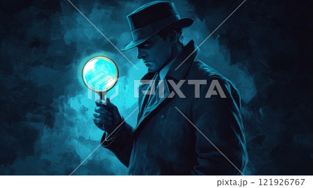 Detective investigating with glowing magnifying glass in obscure background 121926767