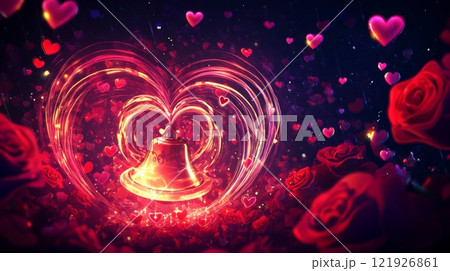 Golden bell ringing inside a bright heart shape with red roses and floating hearts 121926861