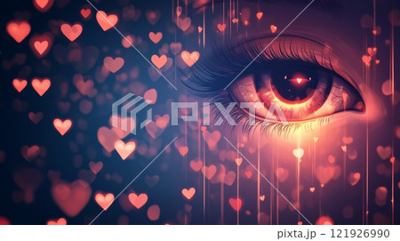Woman's eye reflecting love and affection with floating hearts 121926990