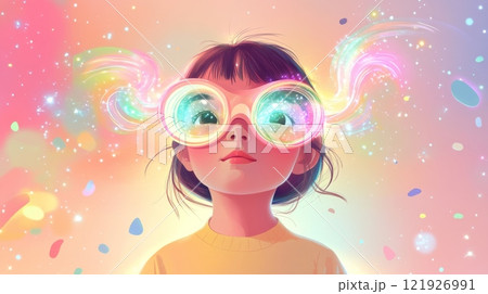 Little girl wearing big round glasses experiencing augmented reality, exploring metaverse and imagination 121926991