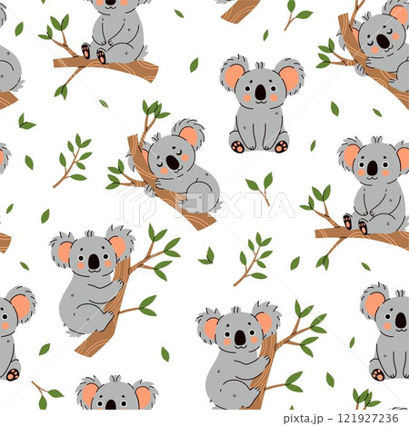 Seamless pattern with cute koalas on a white background. Vector graphics. 121927236