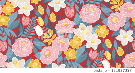 Seamless Half Drop Pattern of Flower Field Bright Pink, White, Yellow, Grey Colors on Red. Great for Textile, Surface, Wallpaper, Wrapping, Fabric, Decor Ornament, Craft Paper. 121927357